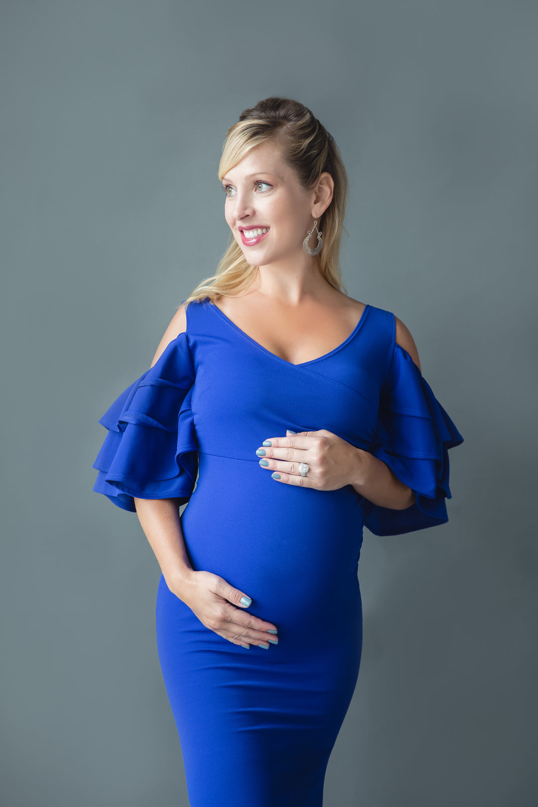 navy blue dress for baby girl Momyknows Blue Off Shoulder Long Sleeve High Split Satin Bodycon Solid Baby  Shower Party Gown Maternity Maxi Dress main image 1