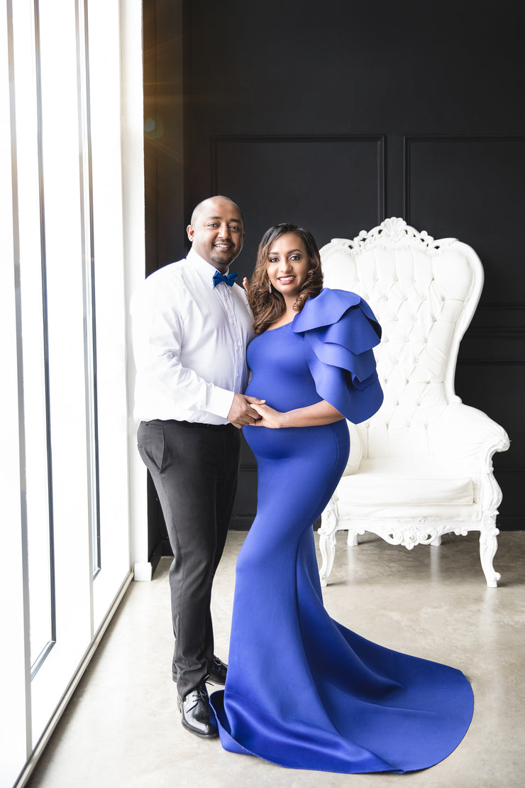 Royal Blue Maternity Gown for Baby Shower and Photoshoot - Tulip One Sleeve Maternity Dress