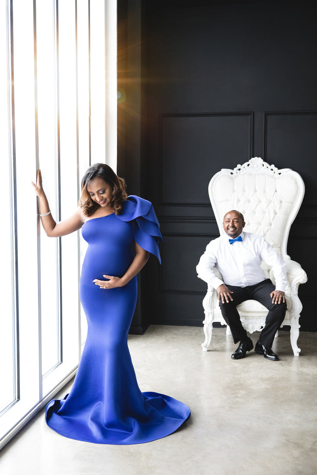 Royal Blue Maternity Gown for Baby Shower and Photoshoot - Tulip One Sleeve Maternity Dress
