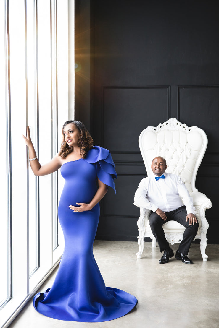 Royal Blue Maternity Gown for Baby Shower and Photoshoot - Tulip One Sleeve Maternity Dress