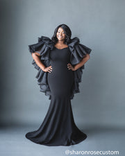 Black Engagement Dress with ruffle cape perfect for photo shoots