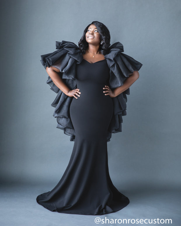 Black Engagement Dress with ruffle cape perfect for photo shoots