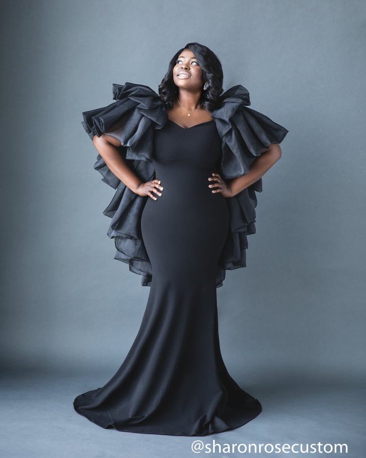 black engagement dress Black Engagement Dress with ruffle cape perfect for photo shoots – sharon rose custom
