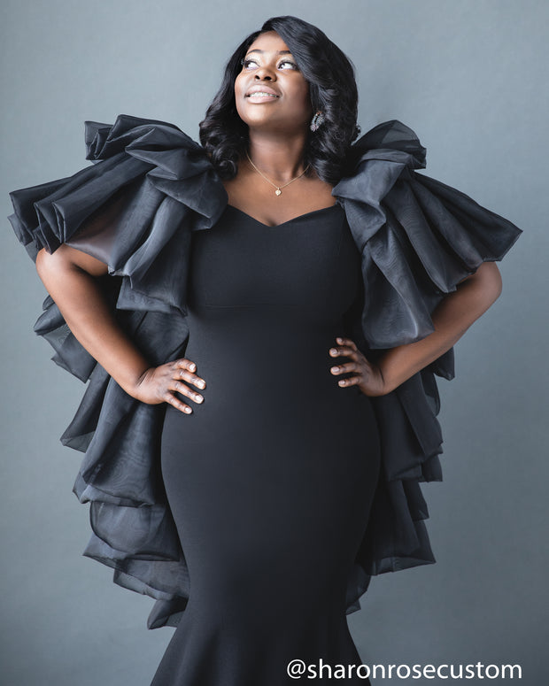 Black Engagement Dress with ruffle cape perfect for photo shoots