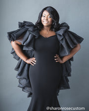 Black Engagement Dress with ruffle cape perfect for photo shoots