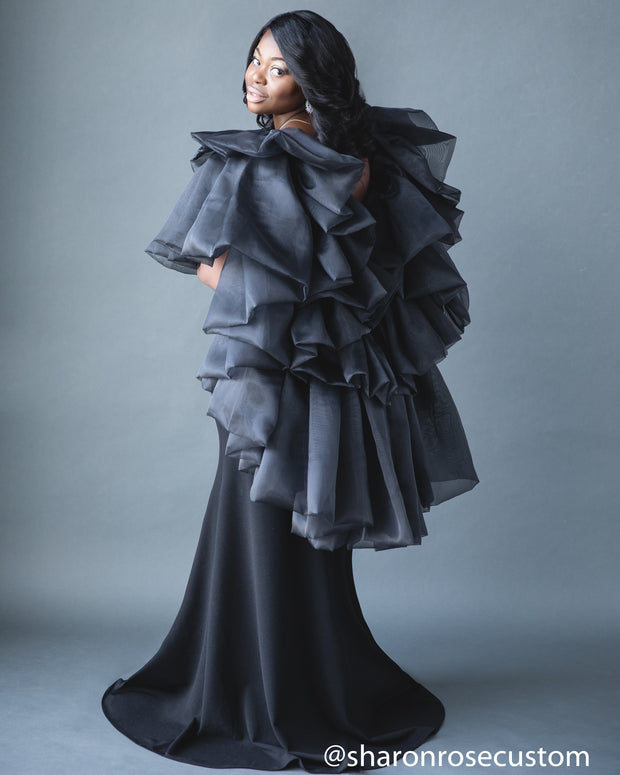 Black Engagement Dress with ruffle cape perfect for photo shoots