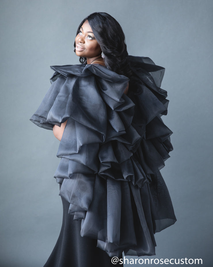 Black Engagement Dress with ruffle cape perfect for photo shoots