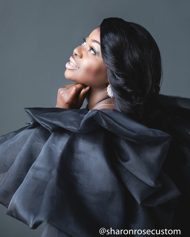 Black Engagement Dress with ruffle cape perfect for photo shoots