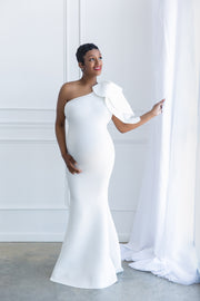 Pure White Maternity Gown for Photo Shoot and Baby Showers - One Sleeve Maternity Dress