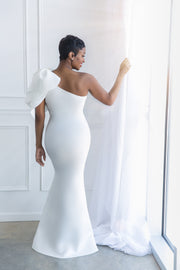 Pure White Maternity Gown for Photo Shoot and Baby Showers - One Sleeve Maternity Dress