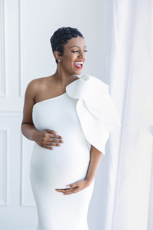 Pure White Maternity Gown for Photo Shoot and Baby Showers - One Sleeve Maternity Dress