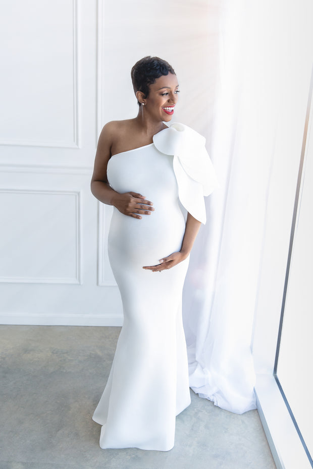 Pure White Maternity Gown for Photo Shoot and Baby Showers - One Sleeve Maternity Dress