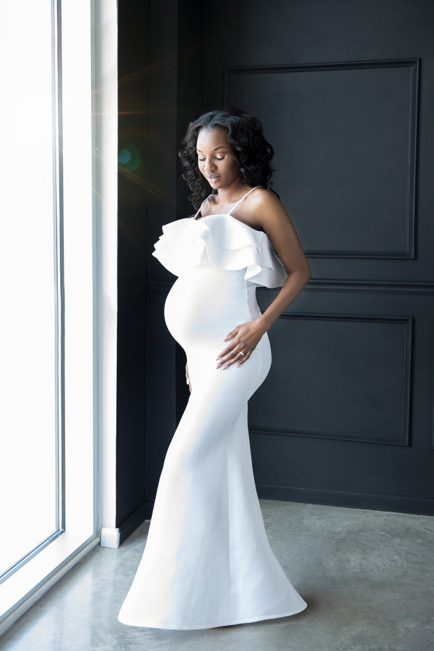 Pure White Orchid Maternity Gown for Photo Shoots White Maternity Dress