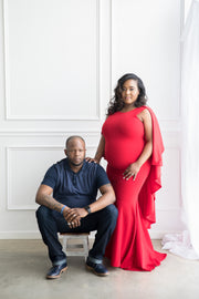 Red Maternity Gown for Photo Shoot and Baby Showers - Flowy Cape Maternity Dress