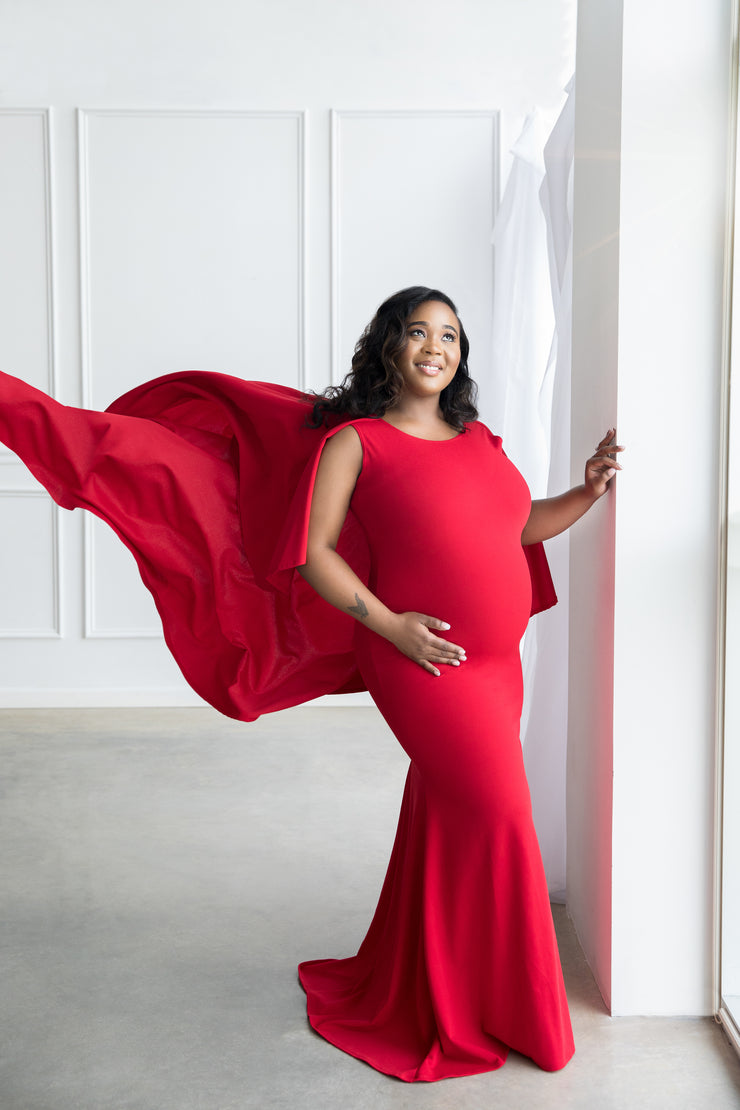 Red Maternity Gown for Photo Shoot and Baby Showers - Flowy Cape Maternity Dress