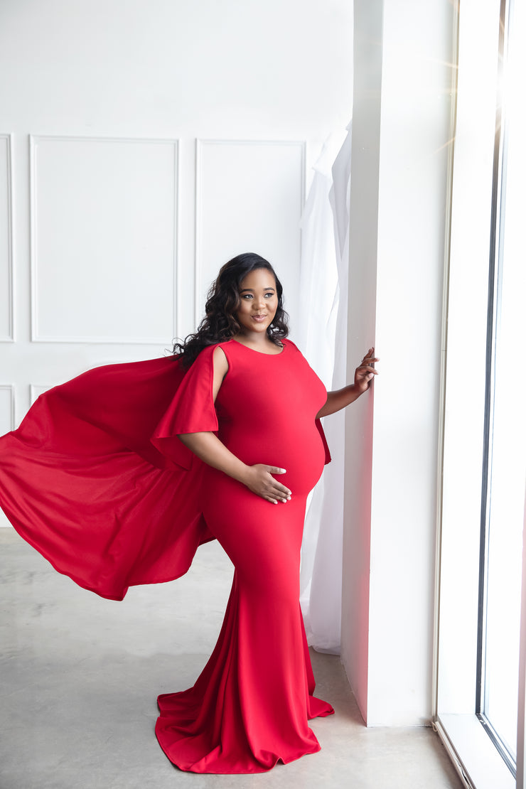 Red Maternity Gown for Photo Shoot and Baby Showers - Flowy Cape Maternity Dress M Red Maternity Gown for Photo Shoot and Baby Showers - Flowy Cape Maternity Dress M