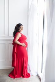 Red Maternity Gown for Photo Shoot and Baby Showers - Flowy Cape Maternity Dress