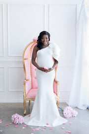 Pure White Maternity Gown for Photo Shoot and Baby Showers - One Sleeve Maternity Dress