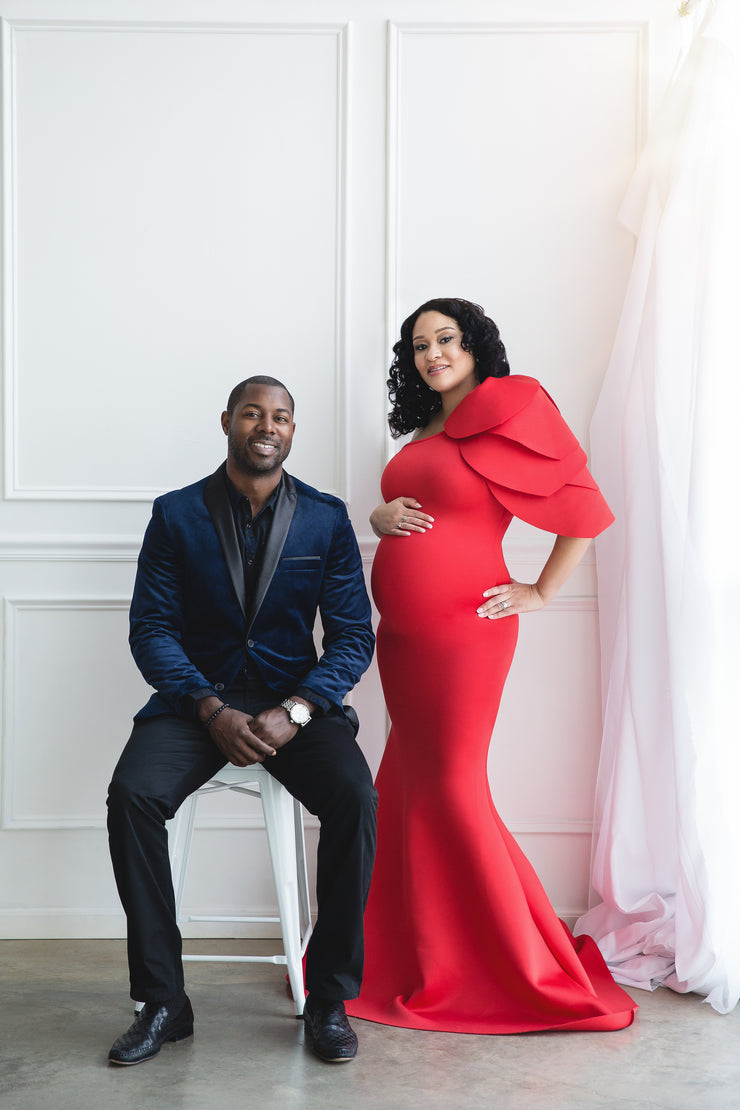 Red Maternity Gown for Photo Shoot and Baby Showers - Tulip One Sleeve Maternity Dress