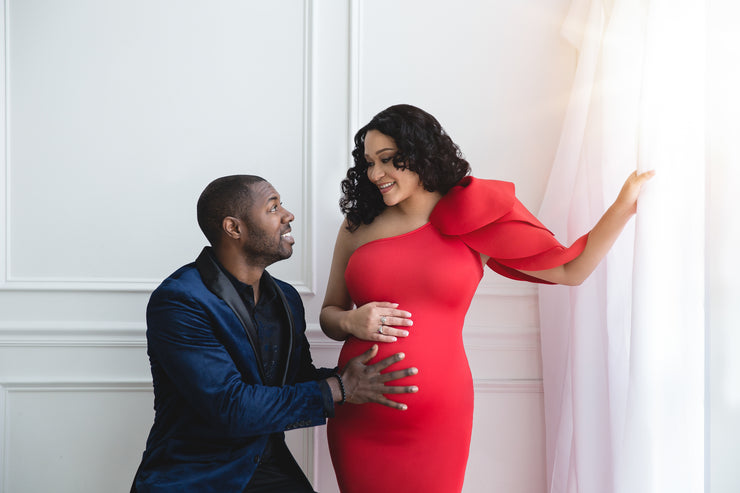 Red Maternity Gown for Photo Shoot and Baby Showers - Tulip One Sleeve Maternity Dress