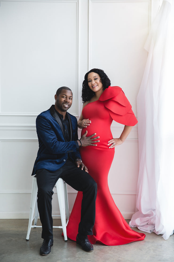 Red Maternity Gown for Photo Shoot and Baby Showers - Tulip One Sleeve Maternity Dress