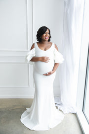 Ivory White Maternity Gown for Photo Shoot and Baby Showers - Ruffled Sleeve Maternity Dress