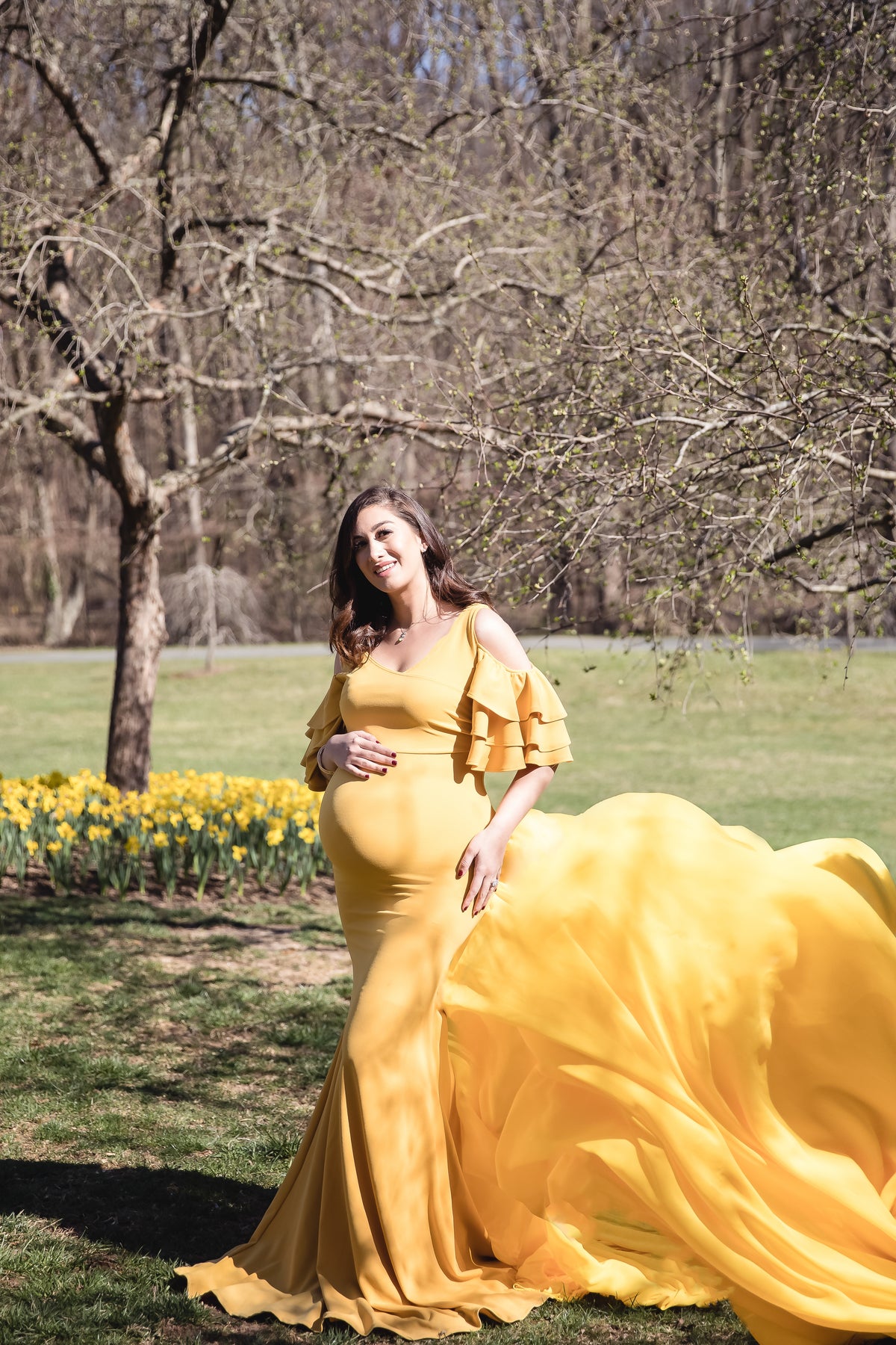 yellow dress maternity Momyknows Off Shoulder Lace Flare Sleeve Lace Up Baby Shower Maxi Dress, Yellow / M Maternity Maxi Dress for Summer Strapless Maternity Dresses for Women This summer sleeveless maternity sundress is soft Mustard Yellow Maternity Gown for