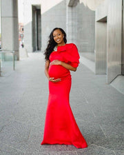 Red Maternity Gown for Photo Shoot and Baby Showers - Tulip One Sleeve Maternity Dress