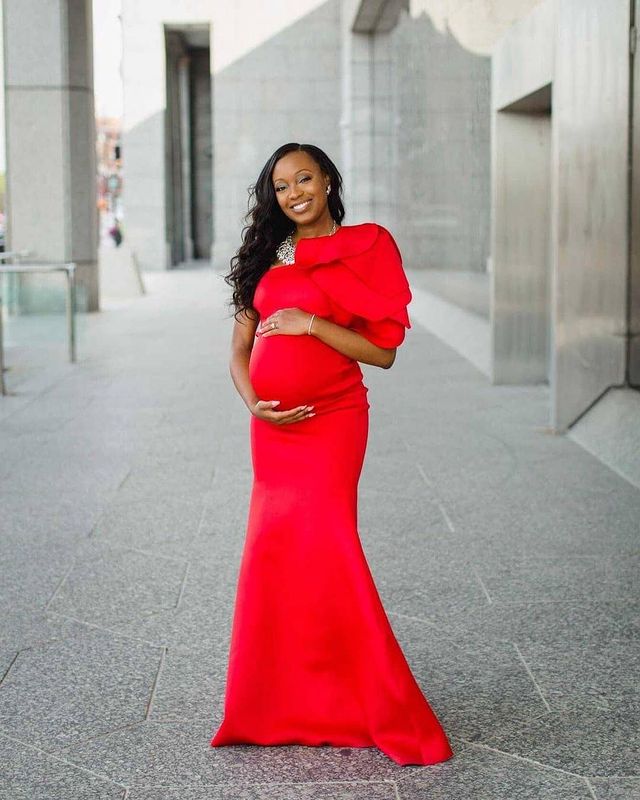 Red Maternity Gown for Photo Shoot and Baby Showers - Tulip One Sleeve Maternity Dress