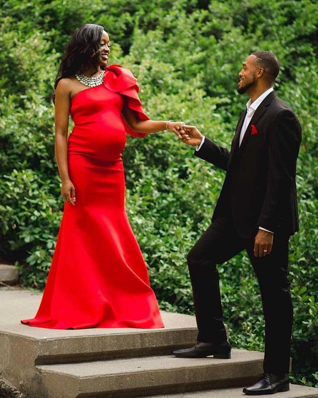 Red Maternity Gown for Photo Shoot and Baby Showers - Tulip One Sleeve Maternity Dress