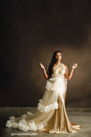 Oscar Champagne Gold Satin Engagement Gown with Victorious Cape Perfect for Photo Shoots