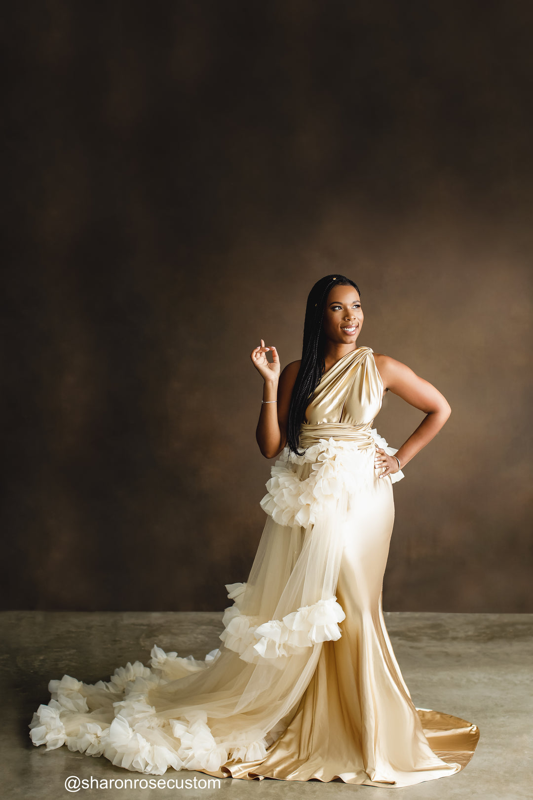 Oscar Champagne Gold Satin Engagement Gown with Victorious Cape Perfec –  sharon rose custom