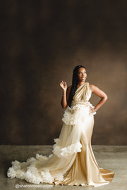 Oscar Champagne Gold Satin Engagement Gown with Victorious Cape Perfect for Photo Shoots