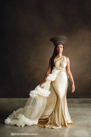 Oscar Champagne Gold Satin Engagement Gown with Victorious Cape Perfect for Photo Shoots