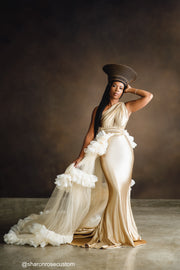 Oscar Champagne Gold Satin Engagement Gown with Victorious Cape Perfect for Photo Shoots