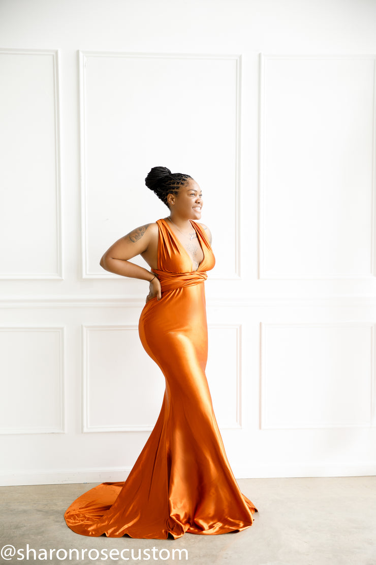 satin maternity dress Oscar Rust Satin Maternity Gown for Photo Shoot and Baby Showers – sharon rose custom